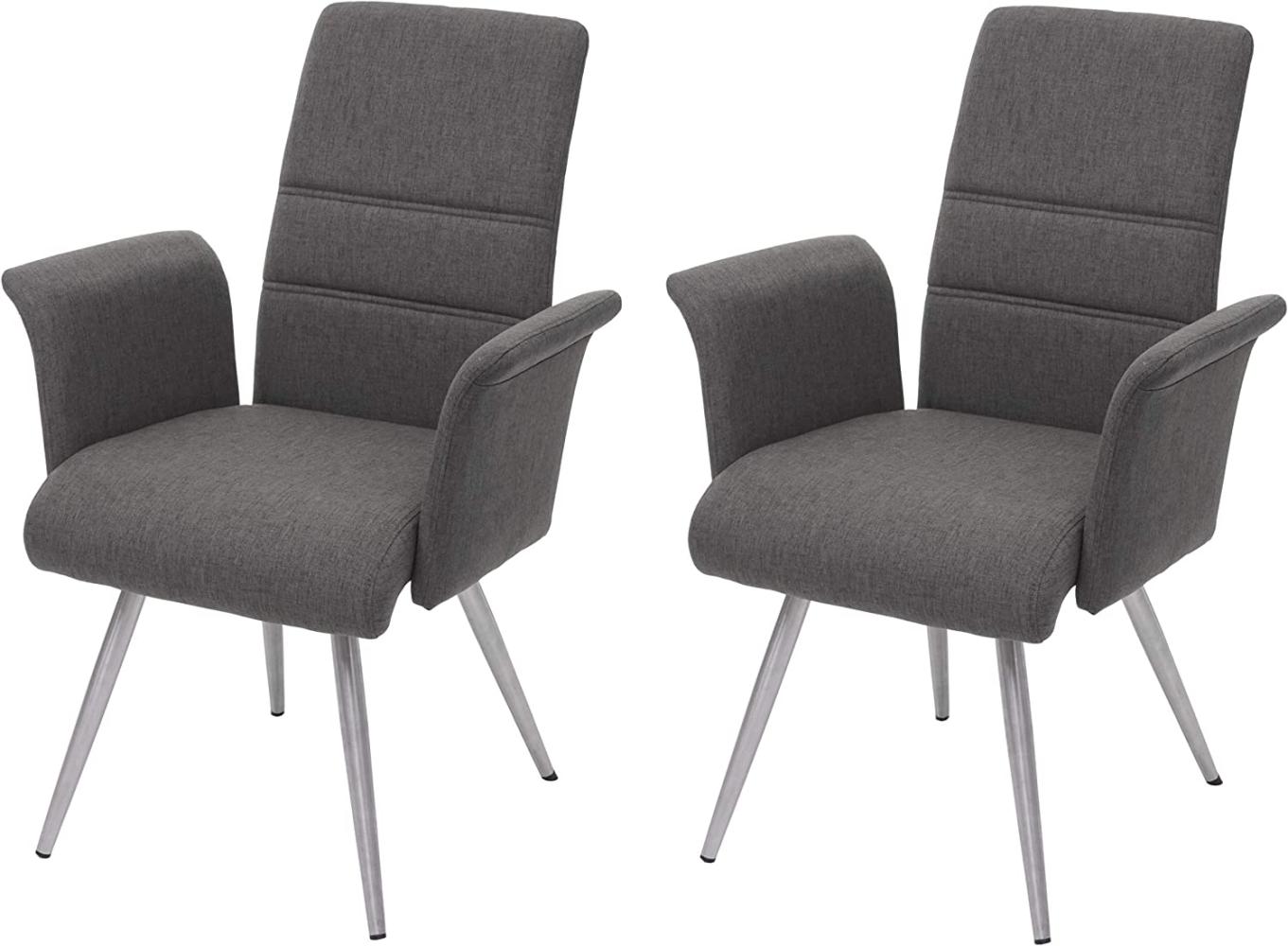 2er-Set Esszimmerstuhl HWC-G55, Küchenstuhl Stuhl mit Armlehne, Stoff/Textil Edelstahl gebürstet ~ grau-braun Bild 1