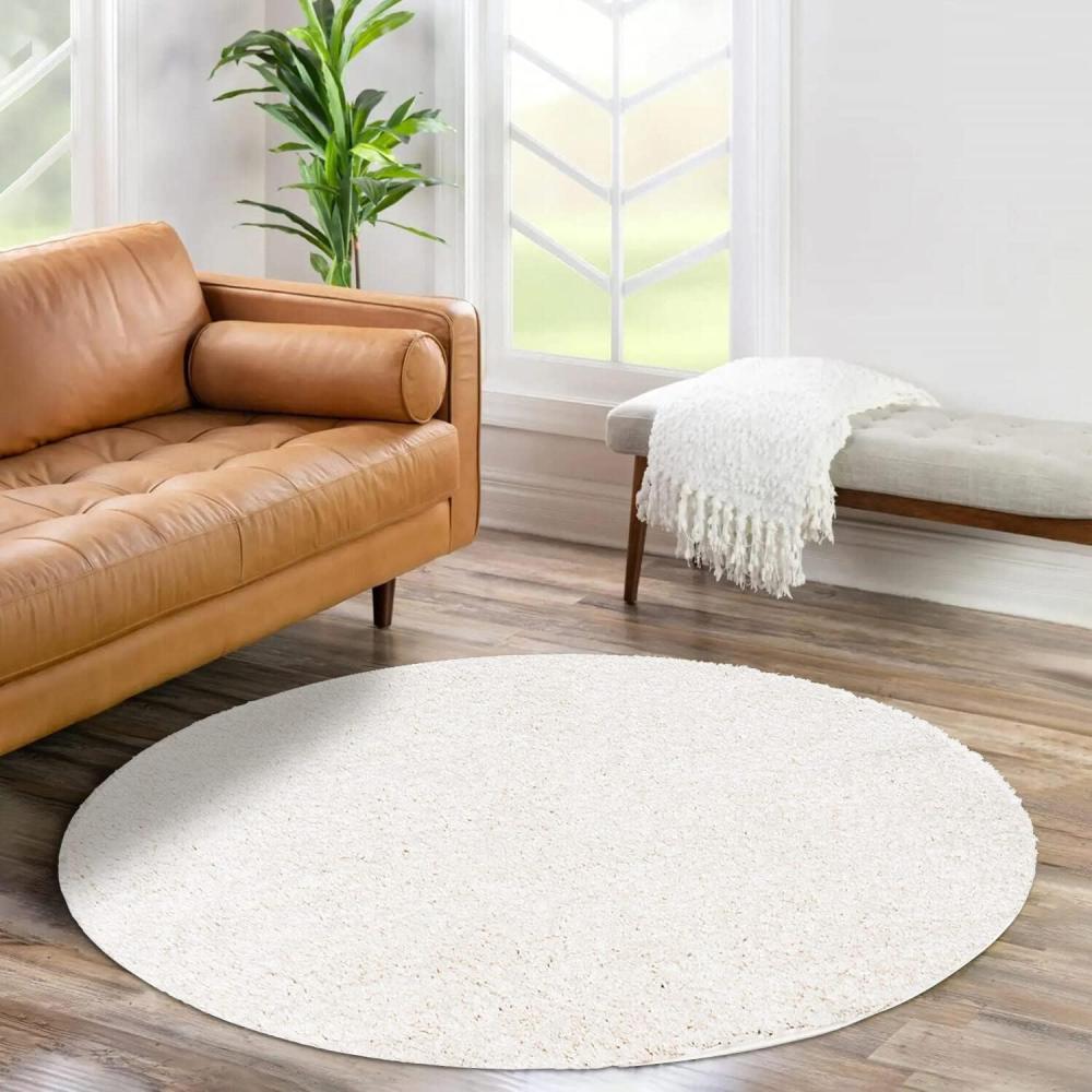carpet city Shaggy Hochflor Teppich - Rund 160 cm - Creme - Langflor Wohnzimmerteppich - Einfarbig Uni Modern - Flauschig-Weiche Teppiche Schlafzimmer Deko Bild 1