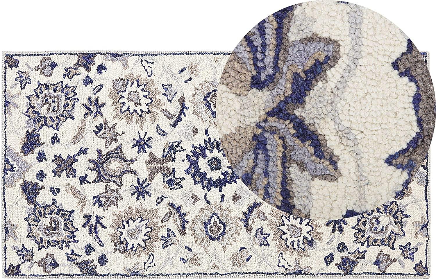 Teppich Wolle beige blau 80 x 150 cm Kurzflor KUMRU Bild 1