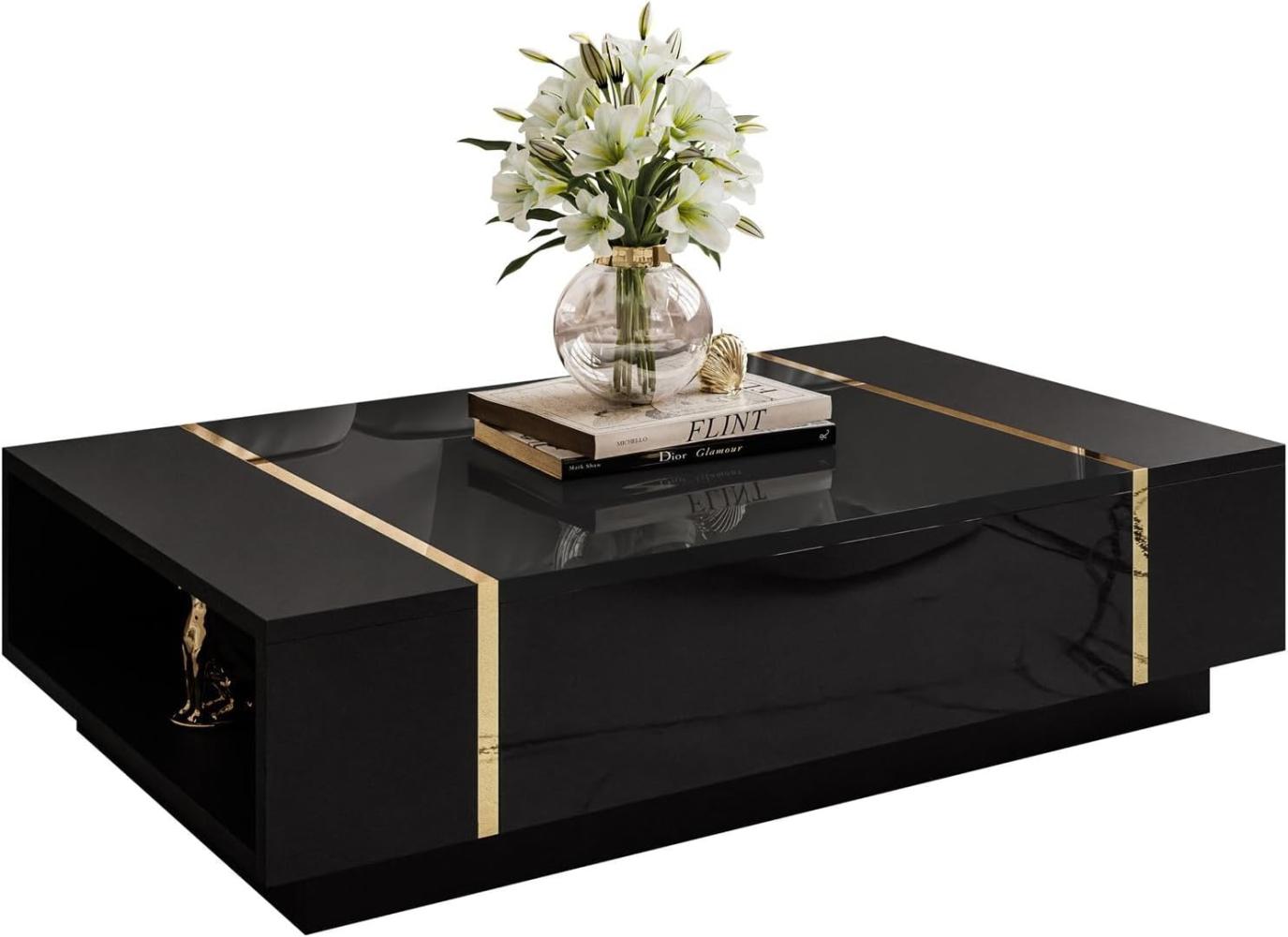 lukmebel Onyx Couchtisch Hoch Mit Hochglanz-Finish Unterthekenaufbewahrung Golden Elements Push-Open-Öffnungssystem Laminatplatte 104x60x365cm Schwarz Bild 1