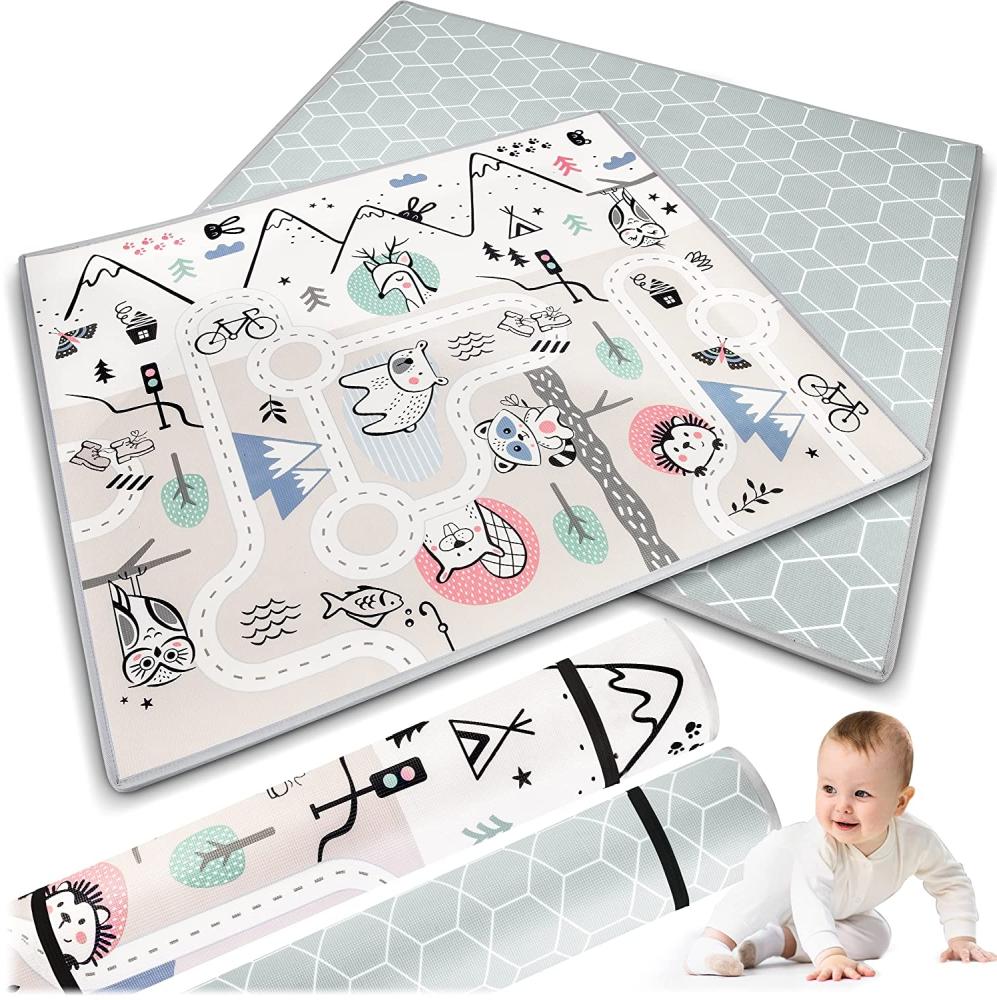 NUKIDO Baby-Schaumstoffmatte Doppelseitig Niedlich Buntes Design zum Spielen Krabbeln Ideal als Geschenk Rollbar Dicke 1,5 cm Größe 180x150cm Grau Bild 1