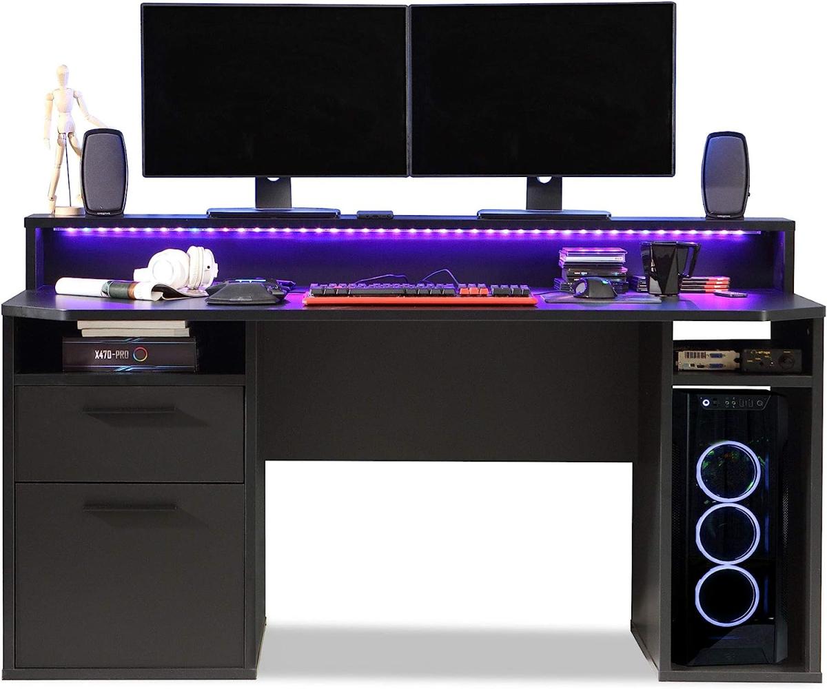 Möbel-Eins TEZO III Gaming Schreibtisch, Material Dekorspanplatte, schwarz matt inkl. LED-Beleuchtung bunt Bild 1
