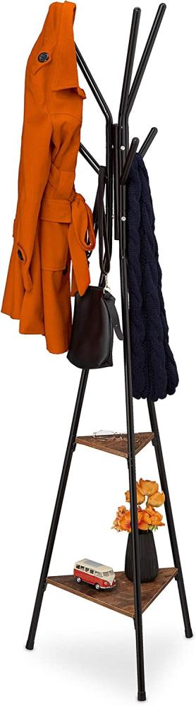 Relaxdays Garderobenständer Industrial, HBT 181,5 x 50 x 43 cm, Jackenständer mit 2 Ablagen, Metall & MDF, schwarz/braun Bild 1