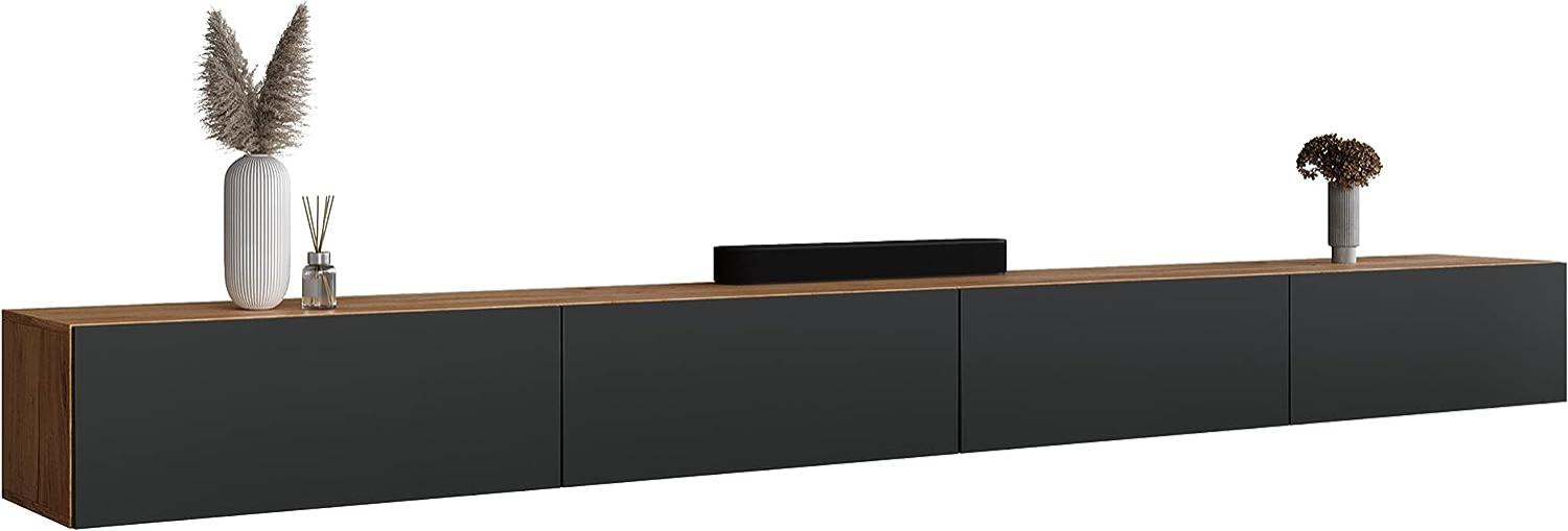 Planetmöbel TV Board 320 cm Gold Eiche/Anthrazit, TV Schrank mit 4 Klappen als Stauraum, Lowboard hängend oder stehend, Sideboard Wohnzimmer Bild 1