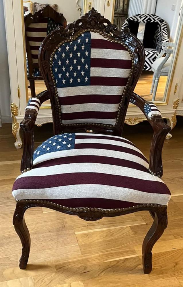Casa Padrino Barock Esszimmer Stuhl mit Armlehnen USA Design / Dunkelbraun - Handgefertigter Antik Stil Stuhl mit USA Flagge - Esszimmer Möbel im Barockstil - Barock Möbel Bild 1
