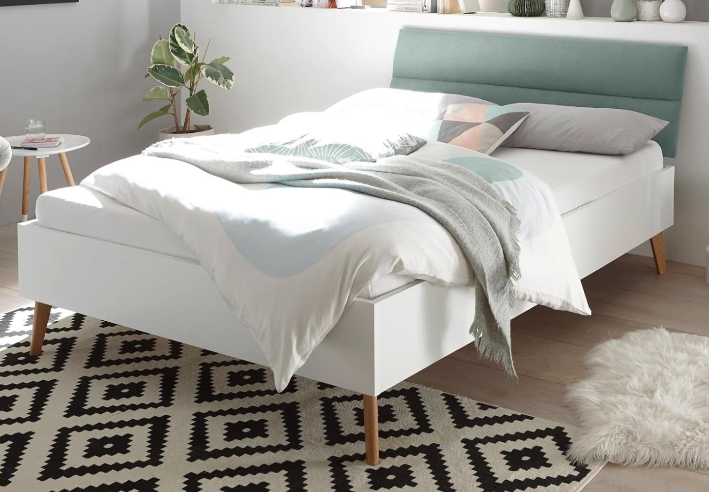 Doppelbett im skandinavischen Stil, MAINZ-61 weiß matt/mint grün mit Füßen aus Natureiche Massivholz, 140x200 cm Bild 1