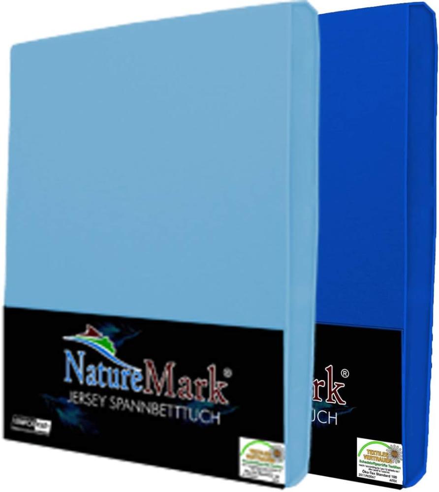 NatureMark 2er Pack Jersey Spannbettlaken, Spannbetttuch 100% Baumwolle in vielen Größen und Farben MARKENQUALITÄT ÖKOTEX Standard 100 | 120 x 200 cm - Hellblau/Royal Bild 1