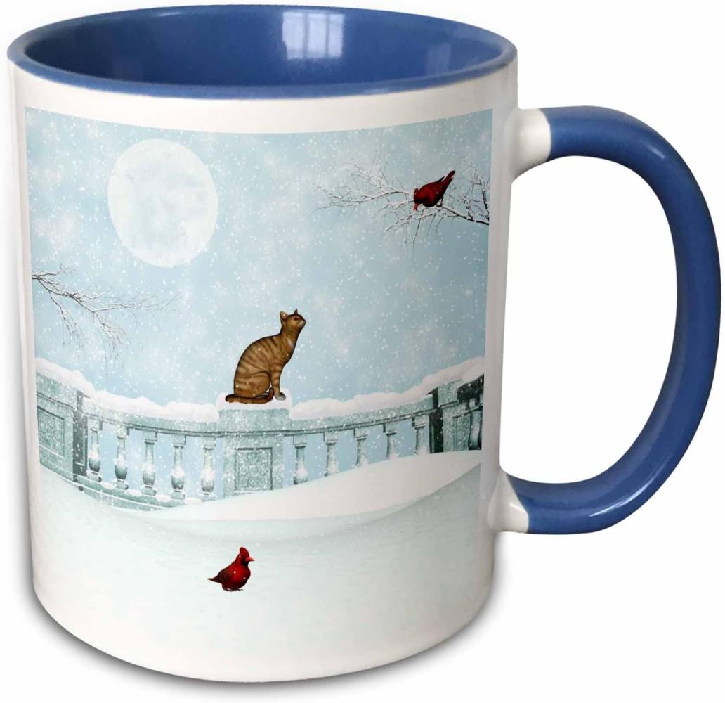 3dRose Katze und Cardinals in Winter Snow-Two Ton Blau Tasse, Keramik, Mehrfarbig, 10,2 x 7,62 x 9,52 cm Bild 1