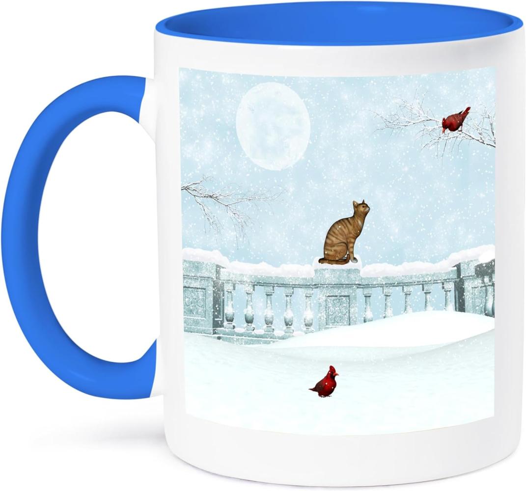 3dRose Katze und Cardinals in Winter Snow-Two Ton Blau Tasse, Keramik, Mehrfarbig, 10,2 x 7,62 x 9,52 cm Bild 1