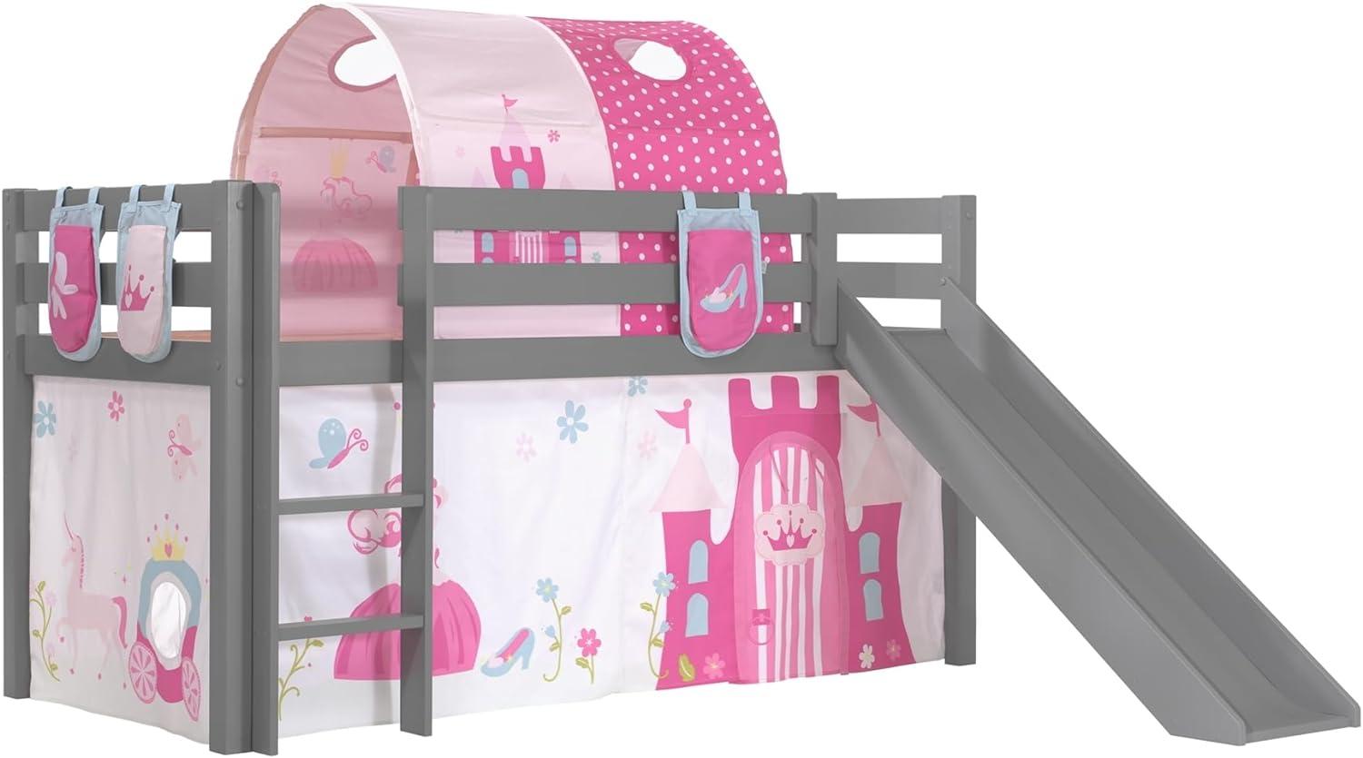 Vipack Spielbett 'Pino' inkl. Rutsche grau, mit Textilset Vorhang, Tunnel und 3 Taschen 'Princess' Bild 1