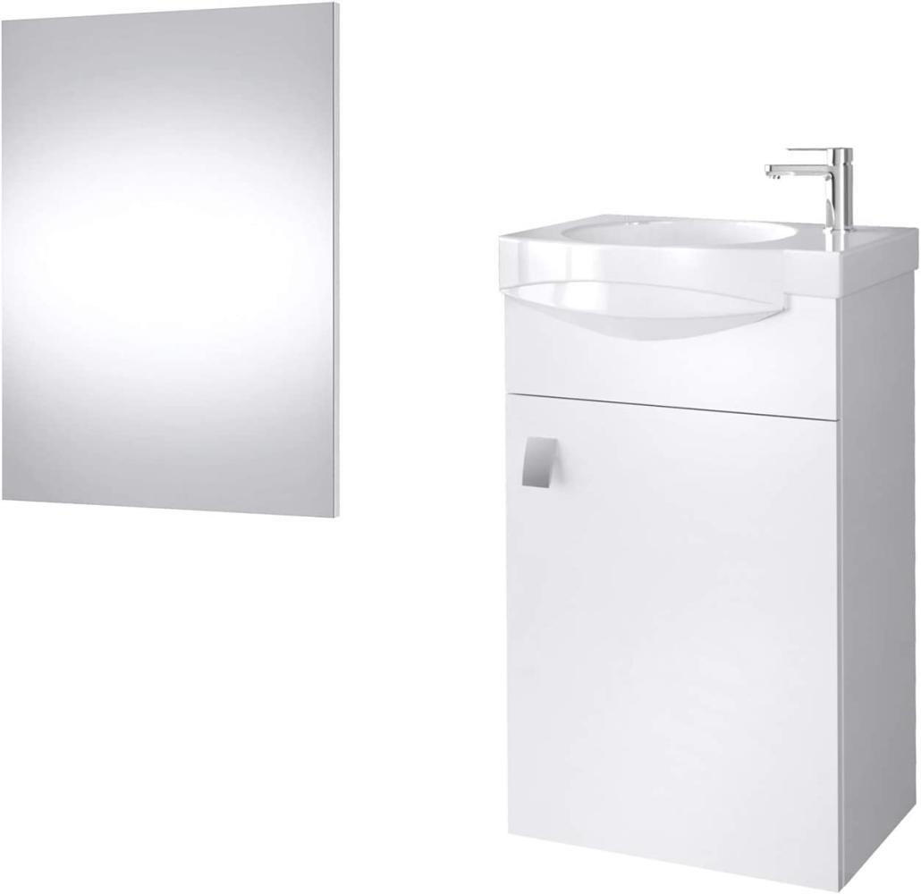 Planetmöbel Badmöbel Set Gäste WC Waschtischunterschrank Keramikwaschbecken Spiegel Weiß Bild 1