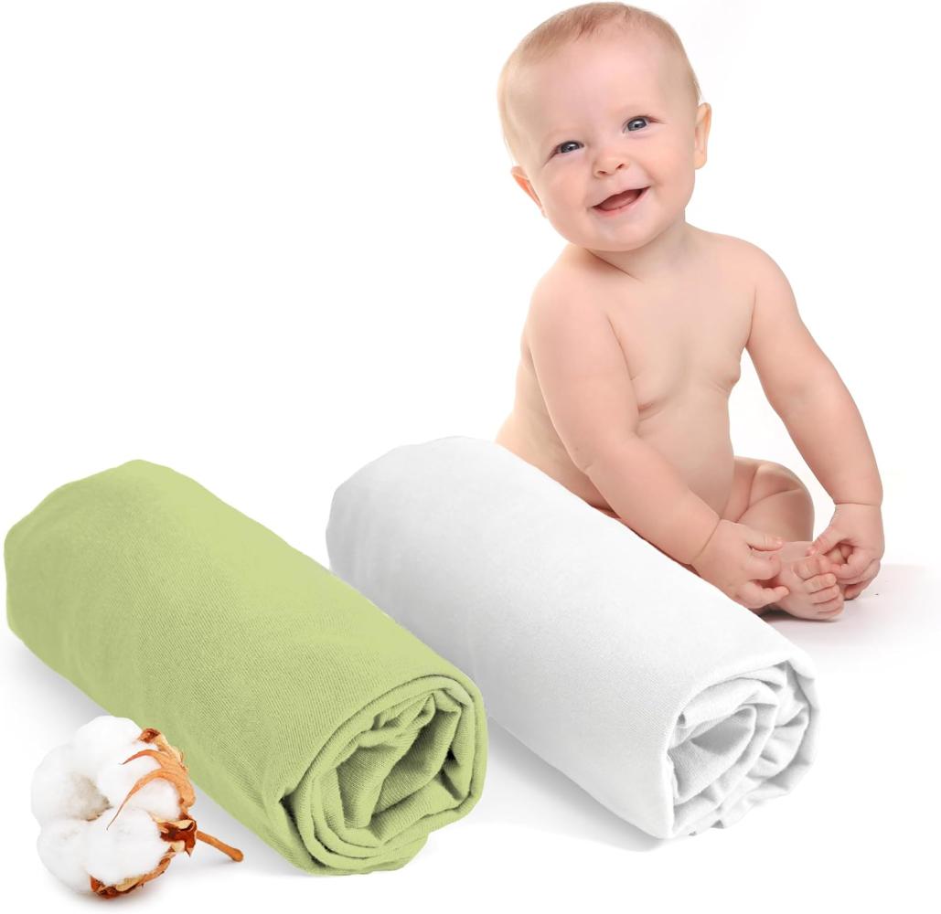 Dreamzie - Spannbettlaken 60x120 Baby 2er Pack - Baumwolle Oeko Tex Zertifiziert - Weiß und Grün - 100% Jersey Spannbettlaken 60x120cm Bild 1