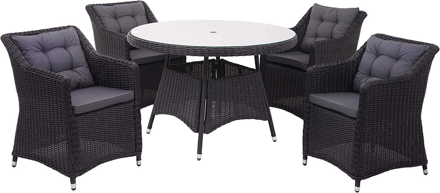 Poly-Rattan Garnitur HWC-F51, Garten-/Lounge-Set Sitzgruppe Tisch+4xStuhl, rundes Rattan anthrazit Kissen dunkelgrau Bild 1