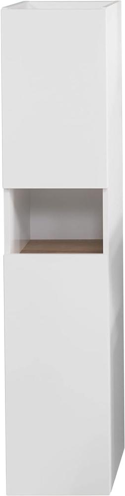 Pelipal Badezimmerschrank Quickset 947 in Weiß Glanz/Rivera Eiche quer Nachbildung, 30 cm breit | Halbhoher Midischrank mit 2 Türen, 1 Nische und 2 Einlegeböden Bild 1