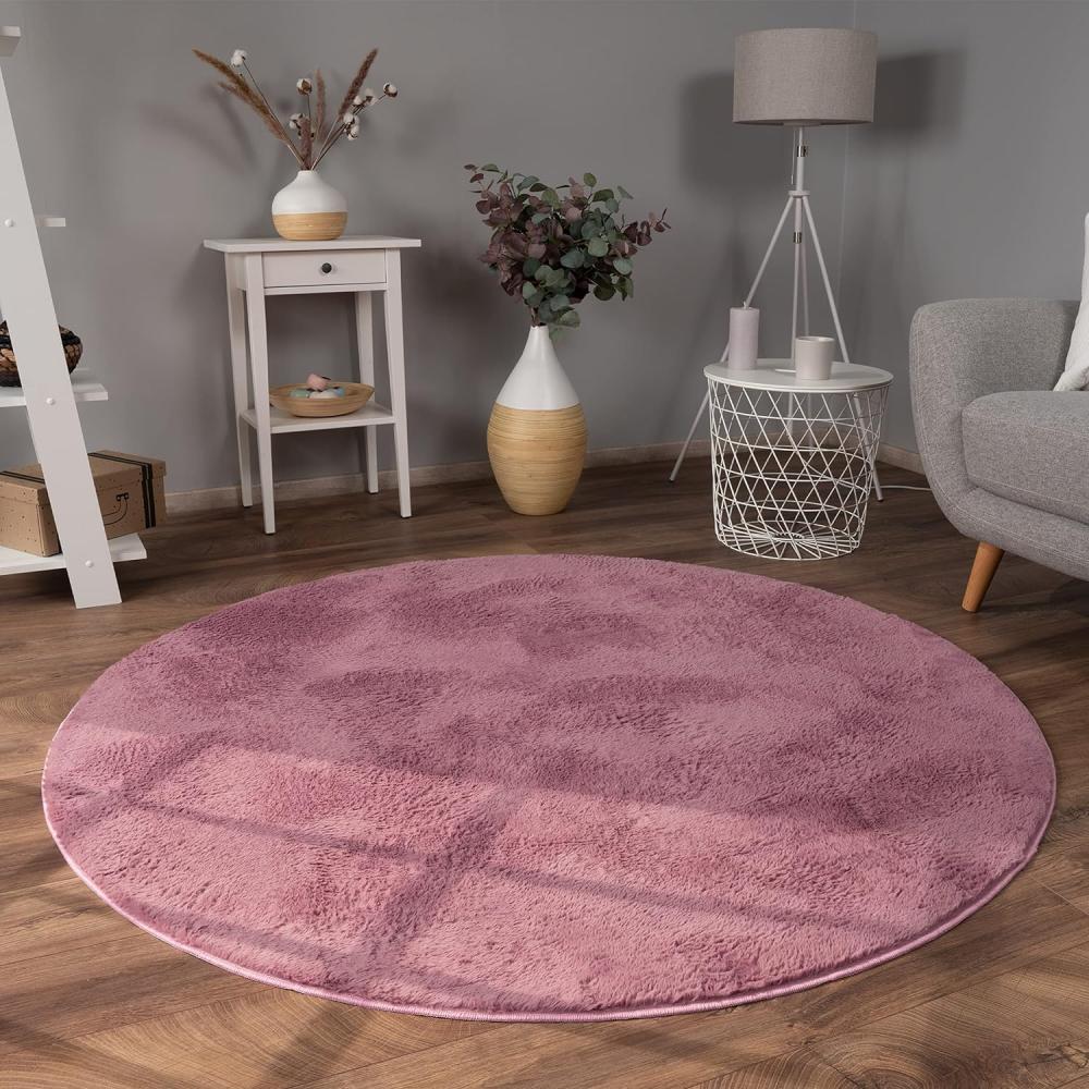 Paco Home Hochflor Teppich Wohnzimmer Flauschig Fellteppich Kunstfell Plüsch Shaggy Weich Fellimitat, Grösse:120 cm Rund, Farbe:Lila Rosa Bild 1