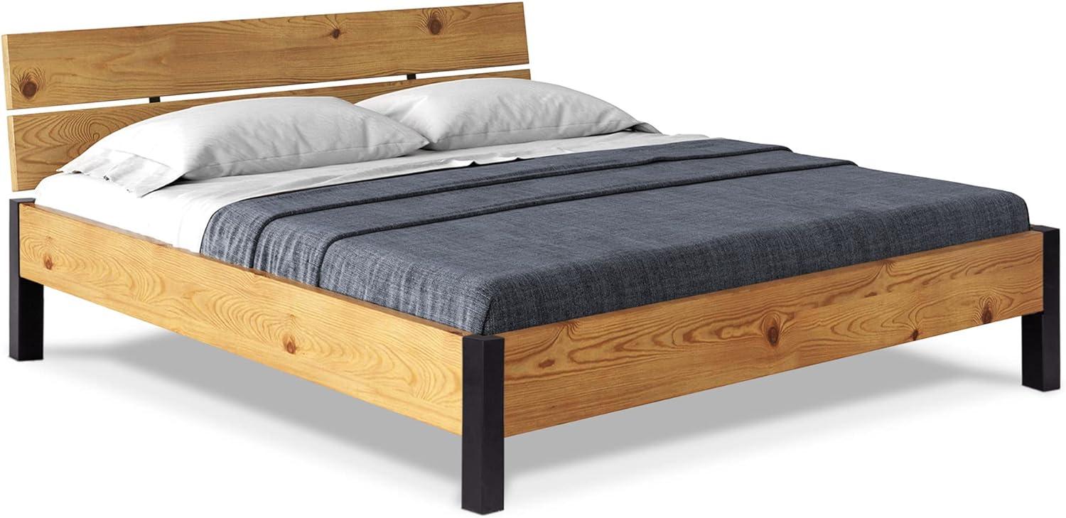 Möbel-Eins CURBY Bett Metallfuß, mit Kopfteil, Material Massivholz, rustikale Altholzoptik, Fichte natur 90 x 200 cm Bild 1