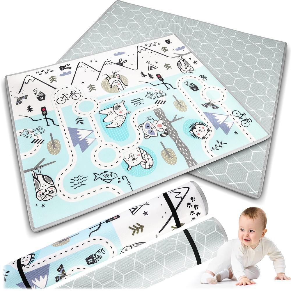 NUKIDO Baby-Schaumstoffmatte Doppelseitig Niedlich Buntes Design zum Spielen Krabbeln Ideal als Geschenk Rollbar Dicke 1,5 cm Größe 180x150cm Blau Bild 1