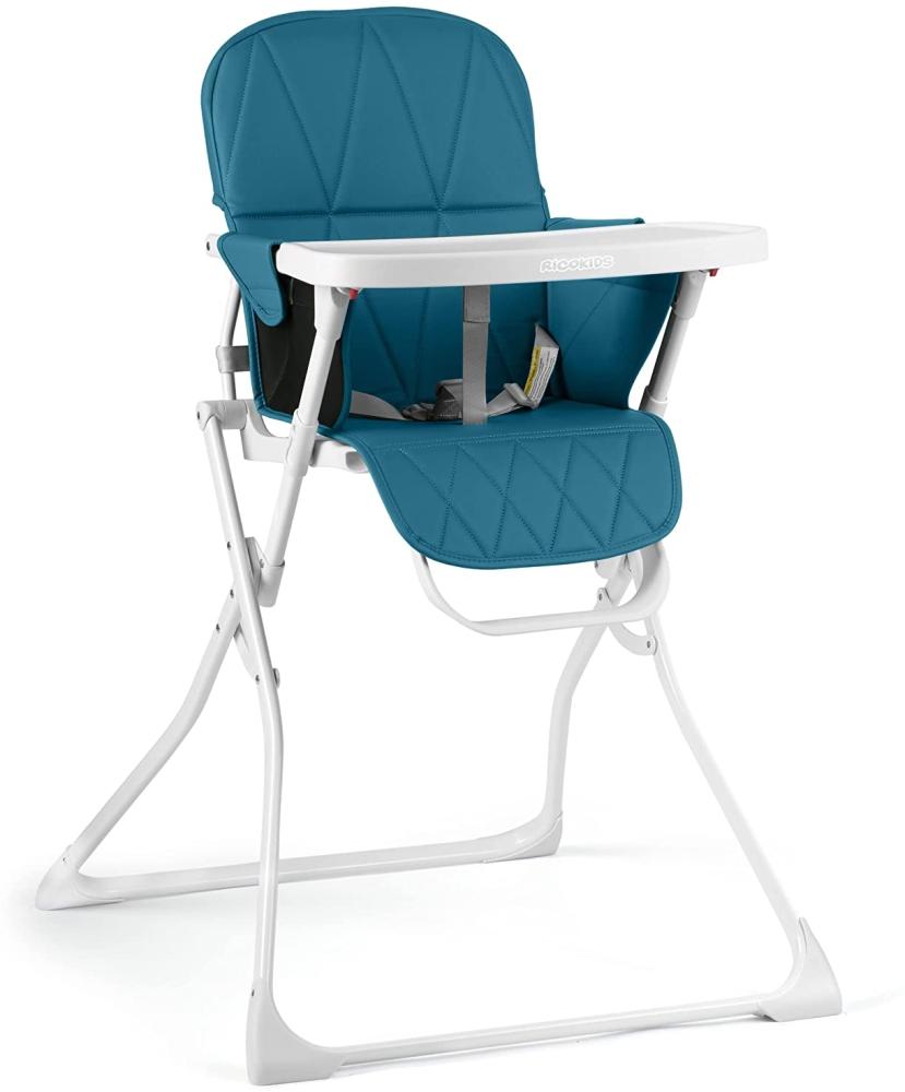 Kinder Hochstuhl Kindersitz mit abnehmnbarem Tablett Fußstütze Sicherheitsgurt Zusammenklappbar leicht platzsparend Rickids (Weiß-Blau) Bild 1