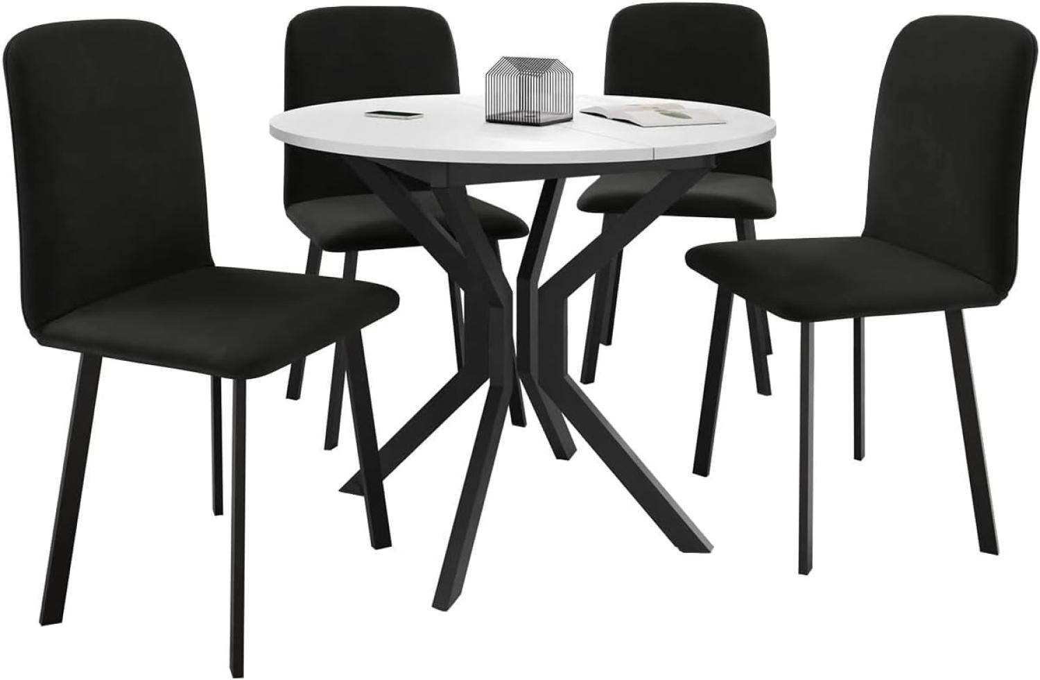 Essgruppe ML03, Runder ausziehbarer Esstisch Dirko M mit 4 Stühlen Lanoi (Farbe: Amor Velvet 4322, Weiß/Schwarz) Bild 1