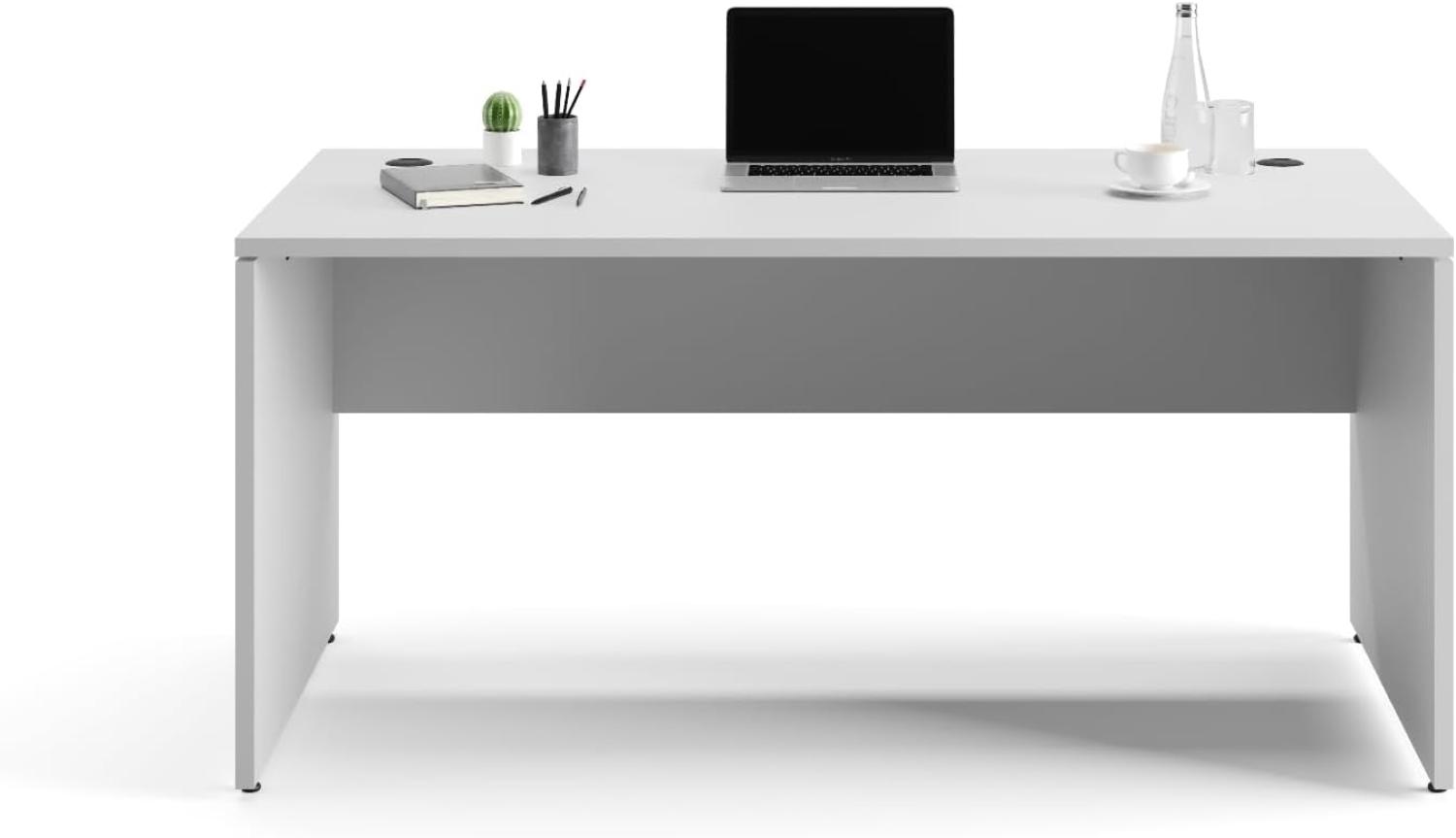 Furni24 Schreibtisch fürs Arbeitszimmer und Home Office - Großer laminierter Computertisch aus Holz, 2 Kabeldurchlässe und mit verstellbarem Metall kabelkanal-Nuvi (Grau, Kabelkanal 160x80x75 cm) Bild 1
