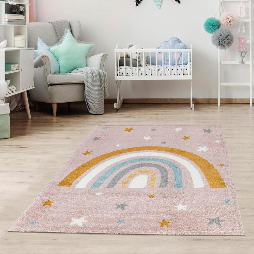 Jimri Kinderteppich DOTS l Pünktchen Gepunktet l Öko-Tex Siegel | Farbe: Beige Blau Rosa | Kinderzimmer/Jugendzimmer (Pink, 80 x 150 cm) Bild 1