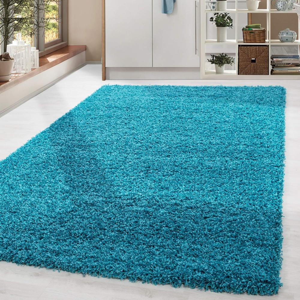 HomebyHome Shaggy Hochflor Teppich Wohnzimmer 140x200 cm Türkis - Teppich Flauschig, Modern, Plüsch und Extra Weich - Ideal für Schlafzimmer, Esszimmer und als Küchenteppich Bild 1