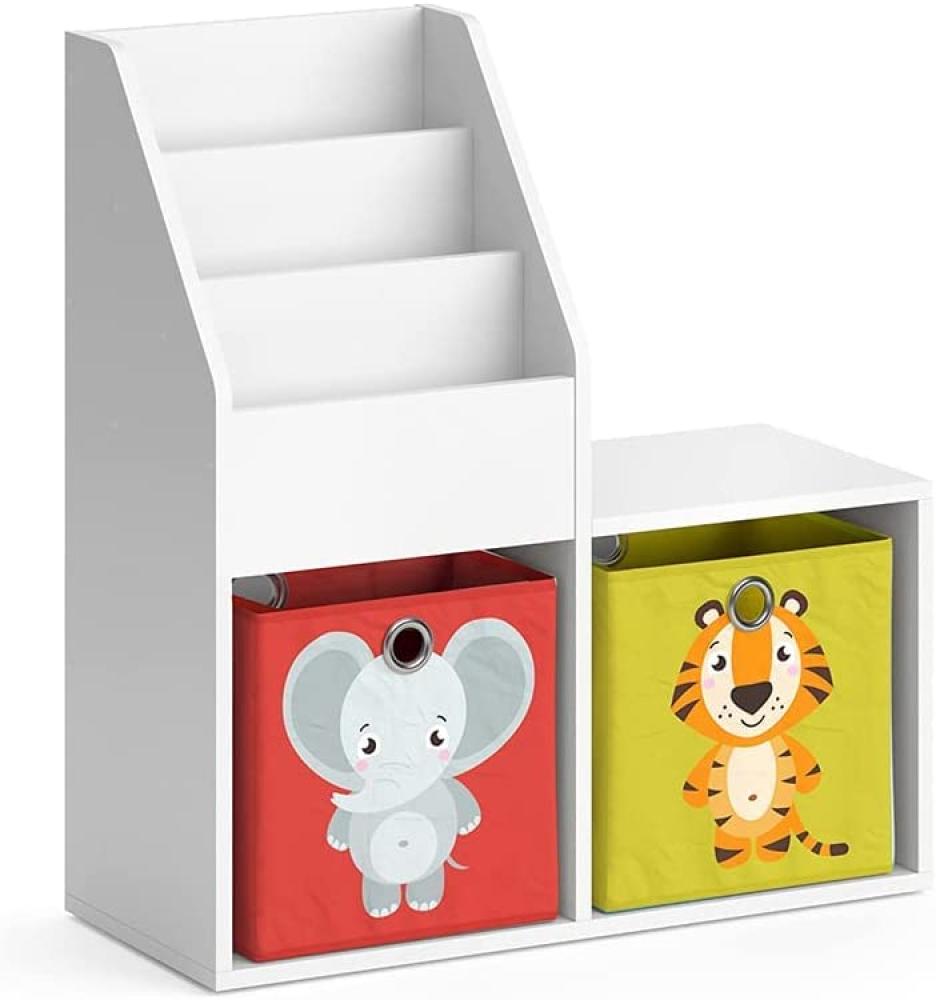 Vicco 'LUIGI' Kinderregal, weiß, mit Sitzbank, 3 Fächern für Bücher und 2 Fächern für Faltboxen, inkl. 2 Faltboxen (Elefant + Panda / Tiger + Giraffe) Bild 1