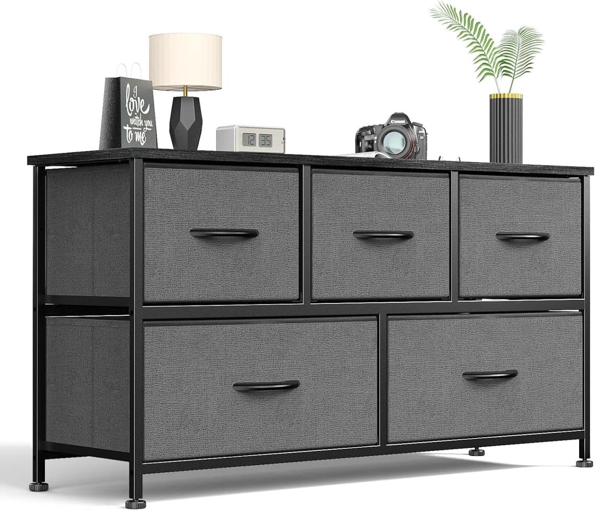 DUMOS Kommode mit Schubladen - kommoden & Sideboards für Schlafzimmer Geeignet, Komodenschrank mit 5 Schubladen, Stoffkommode mit Stabilem Stahlrahmen, Ideal für Schlafzimmer, Wohnzimmer (Grau) Bild 1