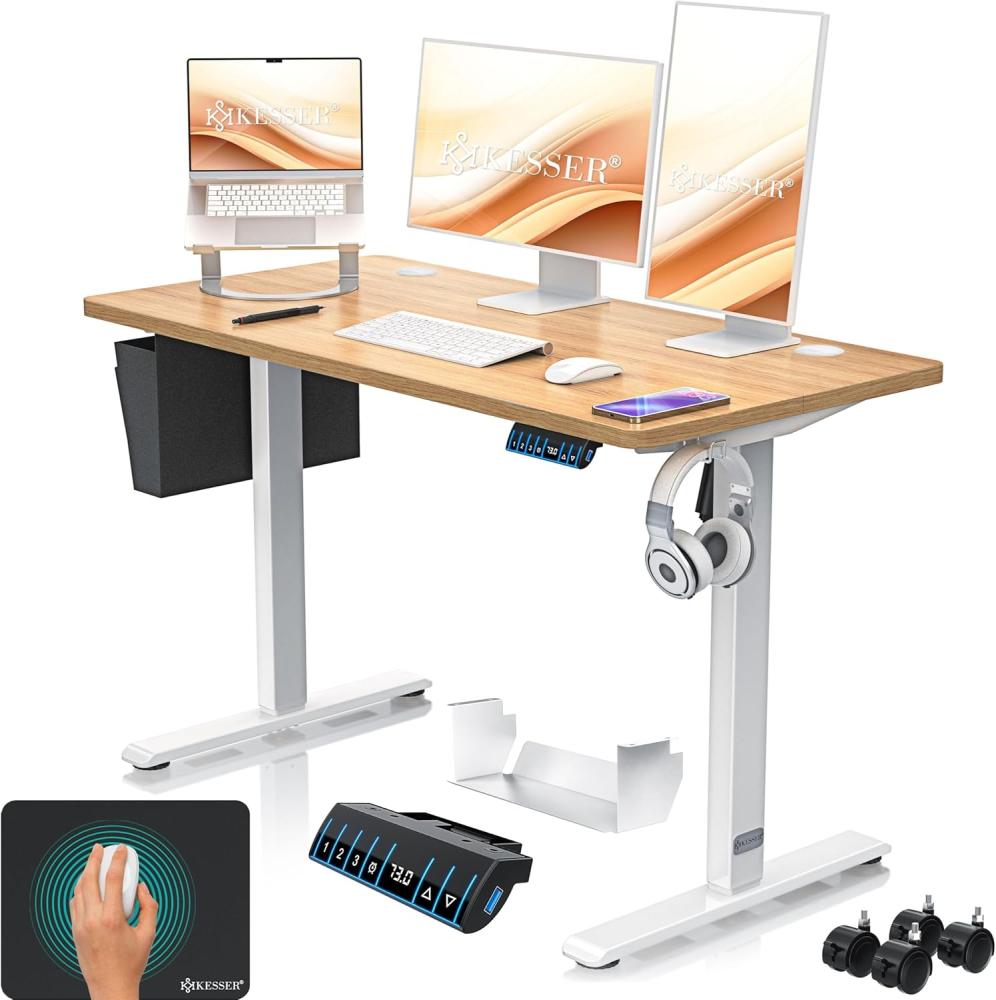 KESSER® Höhenverstellbarer Schreibtisch elektrisch | Ergonomisch Steh-Sitz Schreibtisch | 3-Funktions-Memory Steuerung | Inkl. 360° Rollen & USB-Ladeanschluss | Computertisch für Homeoffice Beige, 120 x 60 cm Bild 1