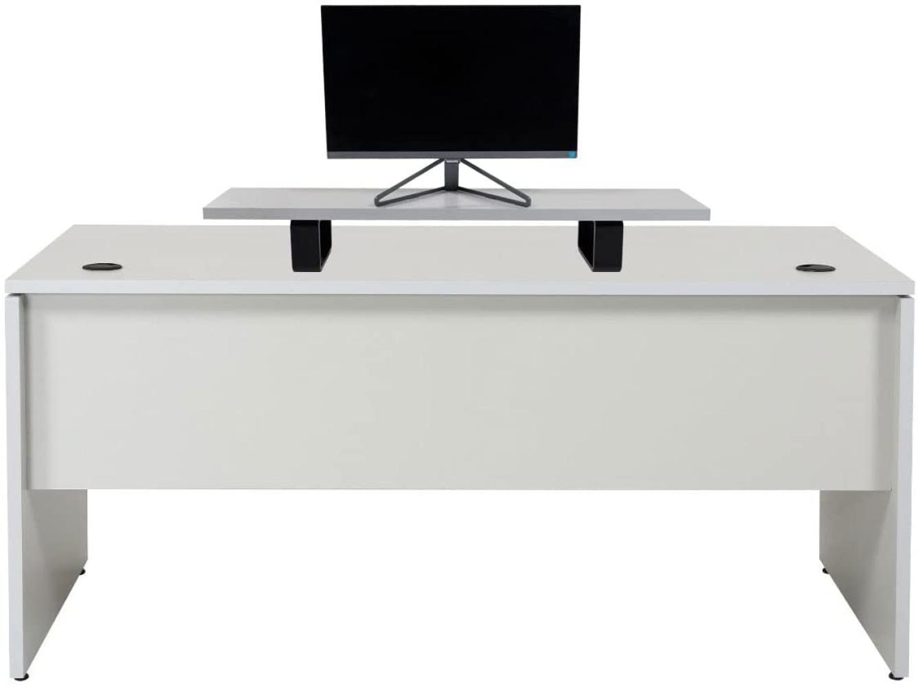 Furni24 Schreibtisch fürs Arbeitszimmer und Home Office - Großer laminierter Computertisch aus Holz, 2 Kabeldurchlässe, Bodengleiter (Grau, inkl. Monitorständer, 160x80x75 cm) Bild 1
