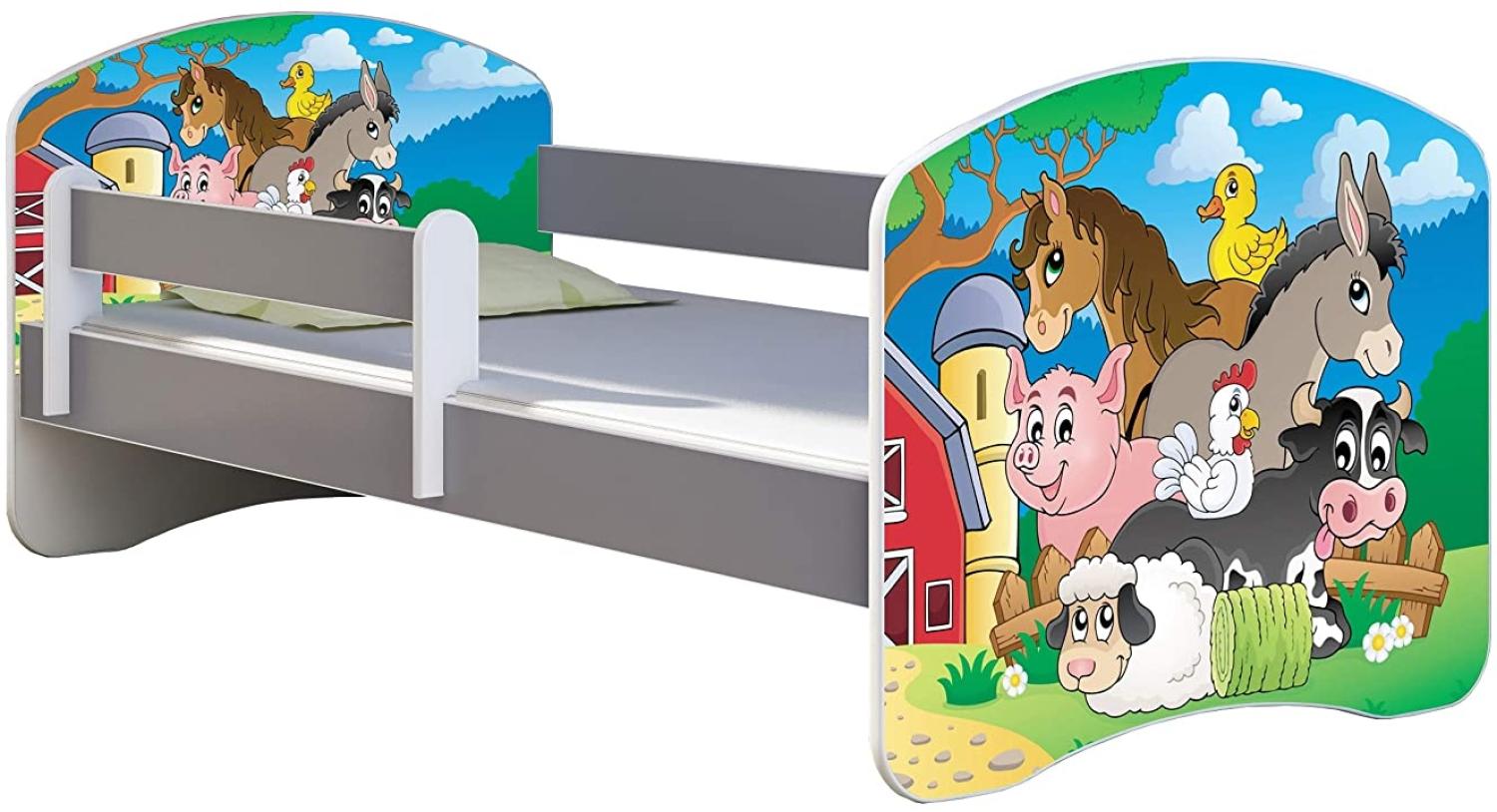 ACMA Kinderbett Jugendbett mit Einer Schublade und Matratze Grau mit Rausfallschutz Lattenrost II (34 Farm, 160x80) Bild 1