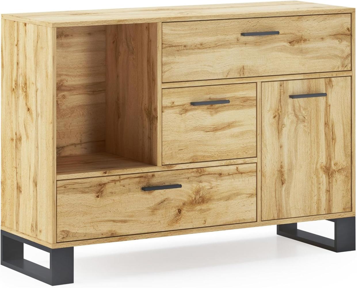 Skraut Home – Sideboard für Wohn- oder Esszimmer – 86 x 120 x 40 cm – Buffet mit 1 Tür + 3 Schubladen – Loft-Modell – widerstandsfähiges Holz – Eichen-Finish Bild 1