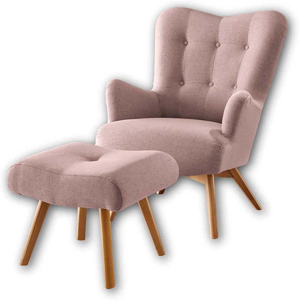 Stella Trading ARNDT Sessel mit Hocker und geknöpfter Polsterung, Flamingo - Wohnzimmer Fernsehsessel mit Massivholz Füßen & Microvelours Bezug - 77 x 101 x 100 cm (B/H/T) Bild 1