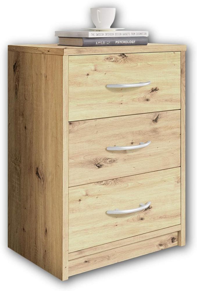 Stella Trading PEPE Nachttisch in Artisan Eiche Optik - Schlichter Nachtschrank mit drei Schubladen passend zu jedem Bett & Schlafzimmer - 39 x 54 x 28 cm (B/H/T) Bild 1