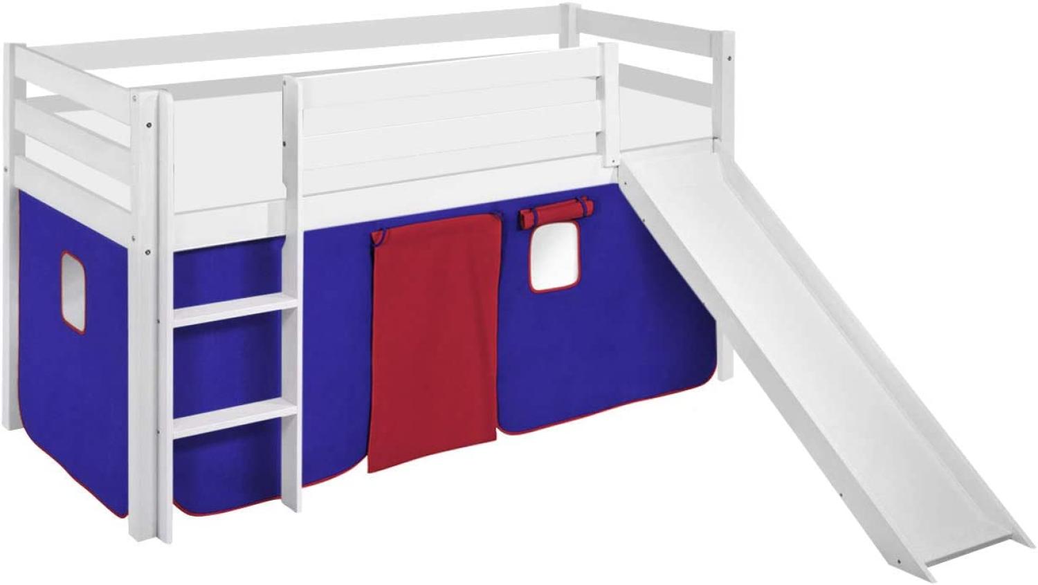 Lilokids 'Jelle' Spielbett 90 x 190 cm, Blau Rot, Kiefer massiv, mit Rutsche und Vorhang Bild 1