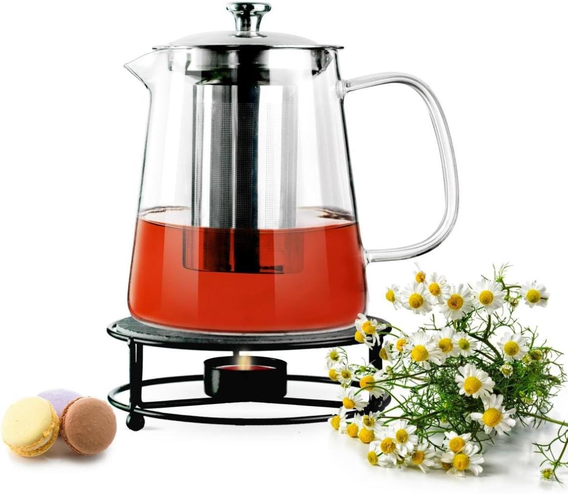 Teekanne 1,2L mit Edelstahl Sieb und Stövchen Teebereiter Glaskanne Teeset Kanne Bild 1