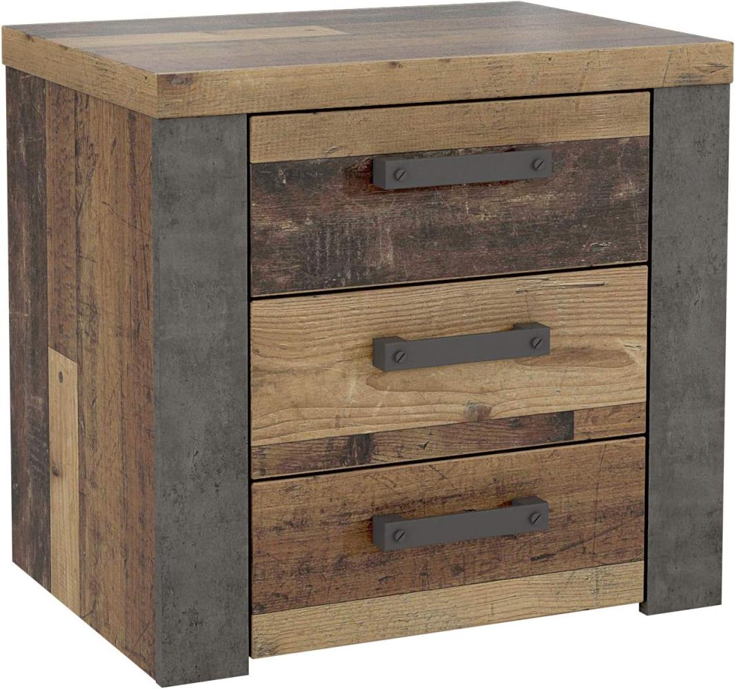 FORTE Nelleke Nachttisch mit 3 Schubladen, Holzwerkstoff, Old Wood Vintage Dekor und Beton dunkelgrau, 21 x 54,3 x 56,6 cm Bild 1
