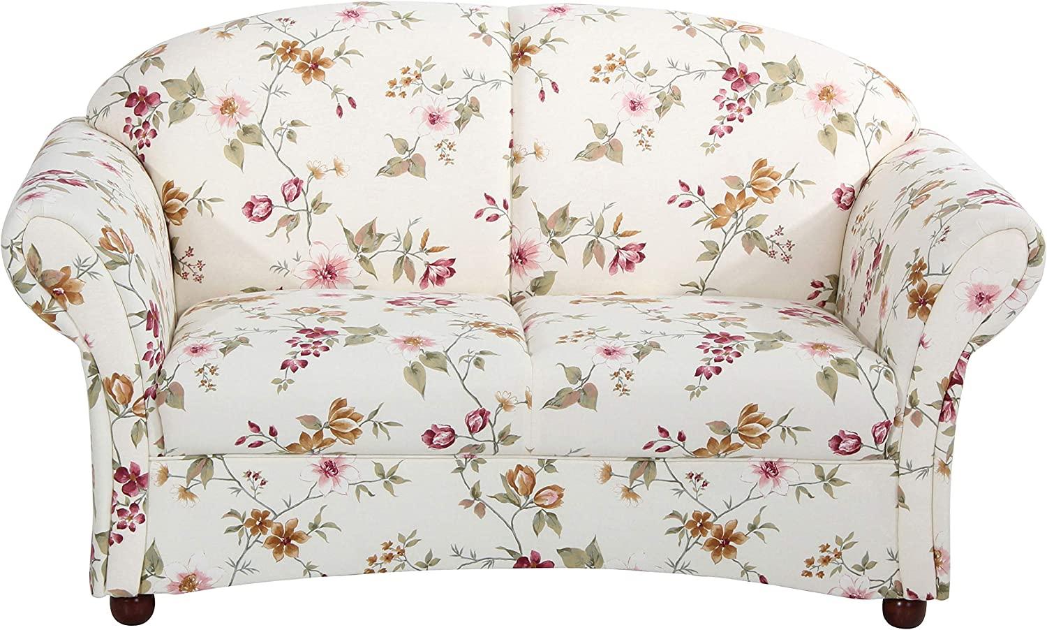 Corona Sofa 2-Sitzer Flachgewebe Weiß Buche Nussbaumfarben, Blumenmuster hell Bild 1