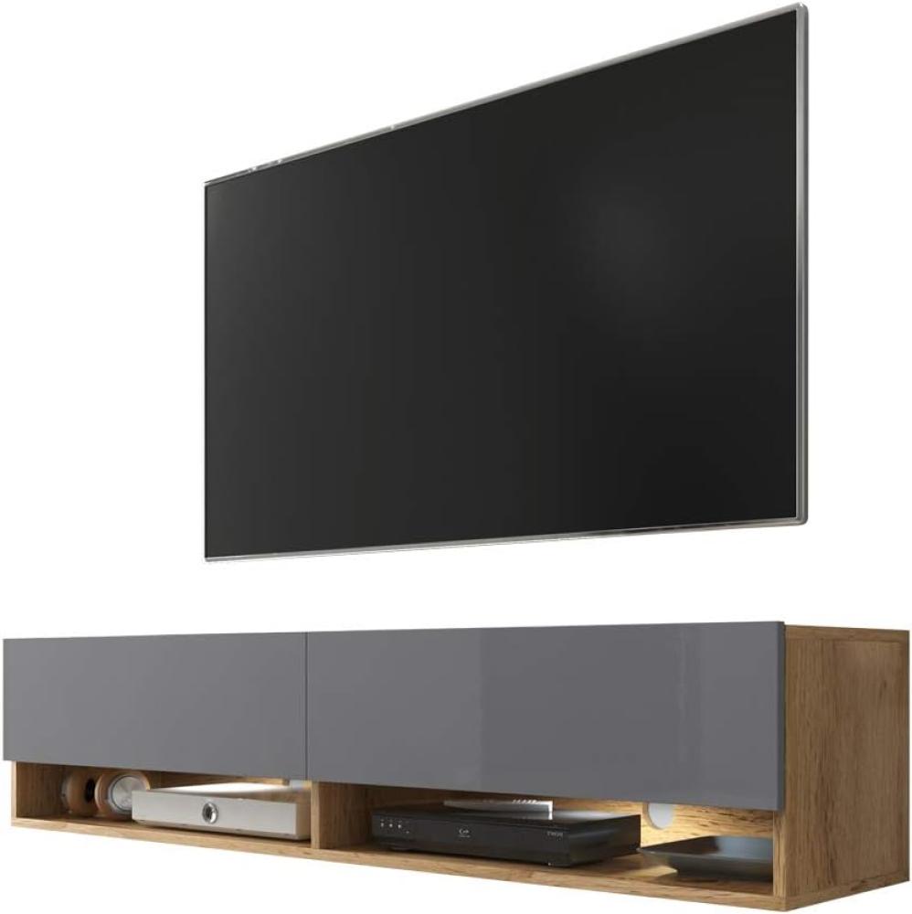 Selsey Wander - TV-Board/Fernsehschrank für Wohnzimmer hängend/stehend, optional mit LED, 140 cm (Holzoptik Wotan Eiche/Grau Hochglanz, mit LED) Bild 1