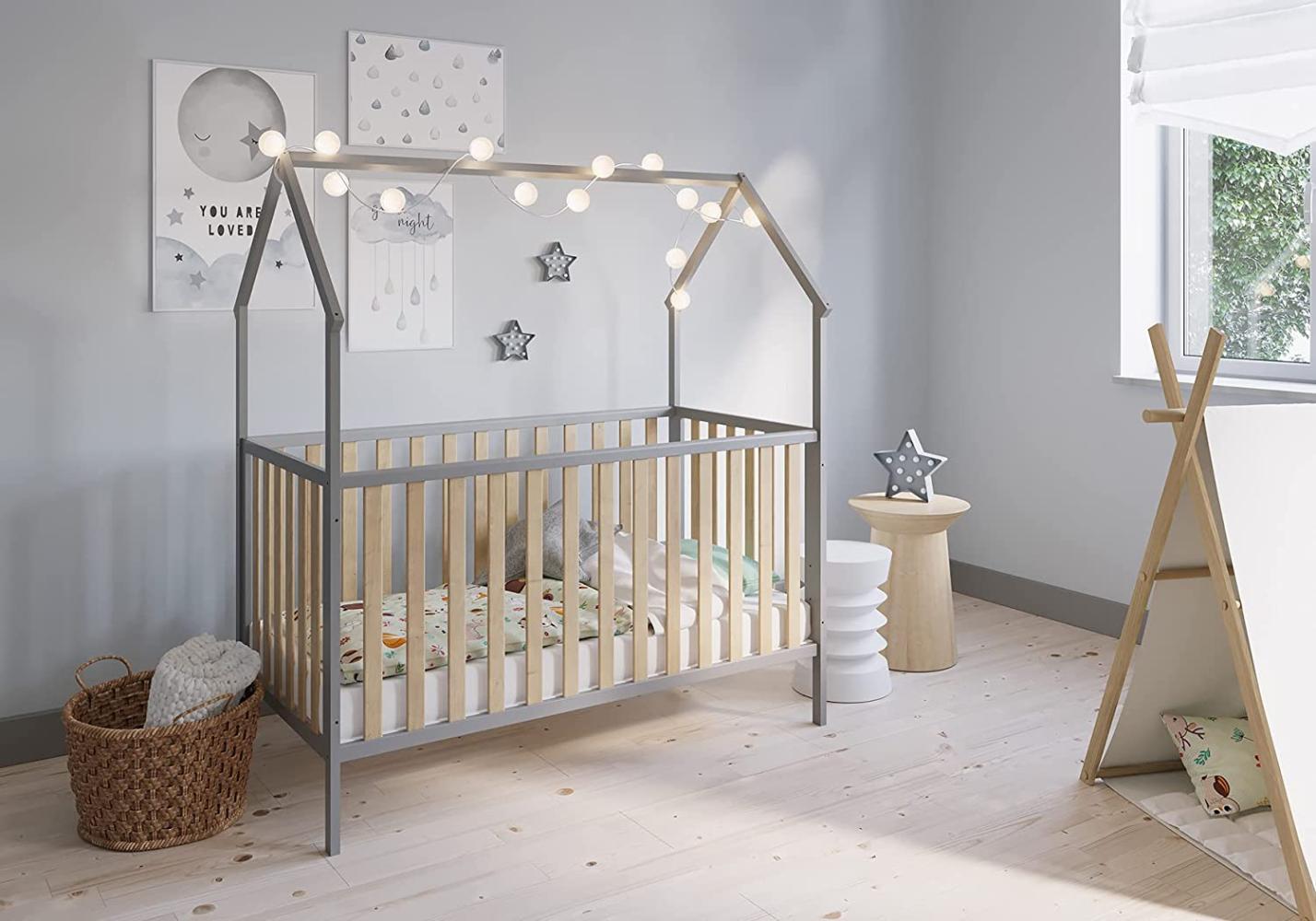 FabiMax 'Schlafmütze' Kinderbett, 70 x 140 cm, grau/natur, mit Matratze Comfort, Kiefer massiv, 3-fach höhenverstellbar, umbaubar Bild 1