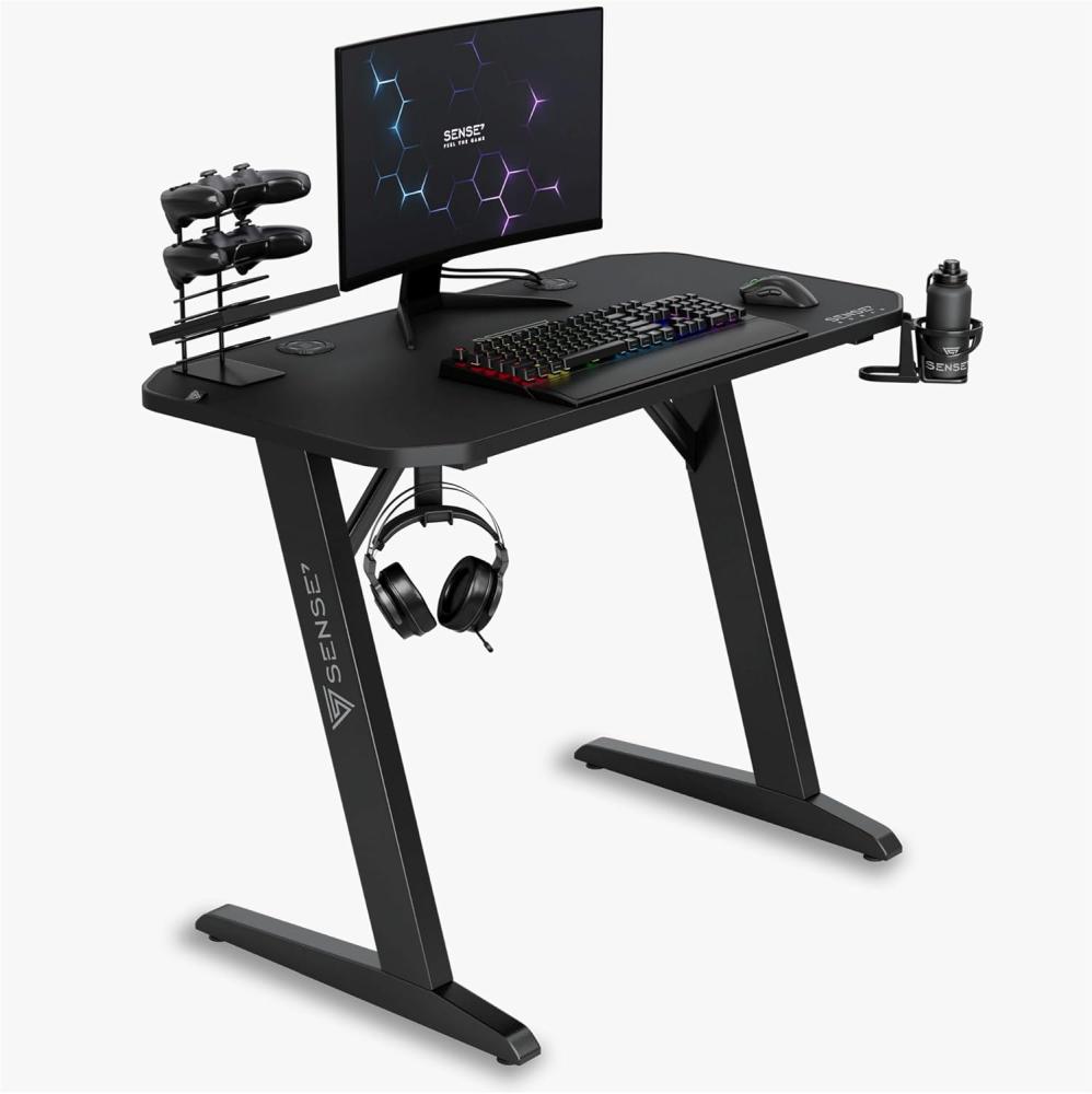 SENSE7 Schreibtisch Nomad Classic, Gaming Tisch 100x50, PC Tisch mit Kopfhörerhaken, Getränkehalter, Controller Halter, Gaming Computertisch mit Kohlefaseroberfläche, Ergonomischer Gaming Desk Bild 1