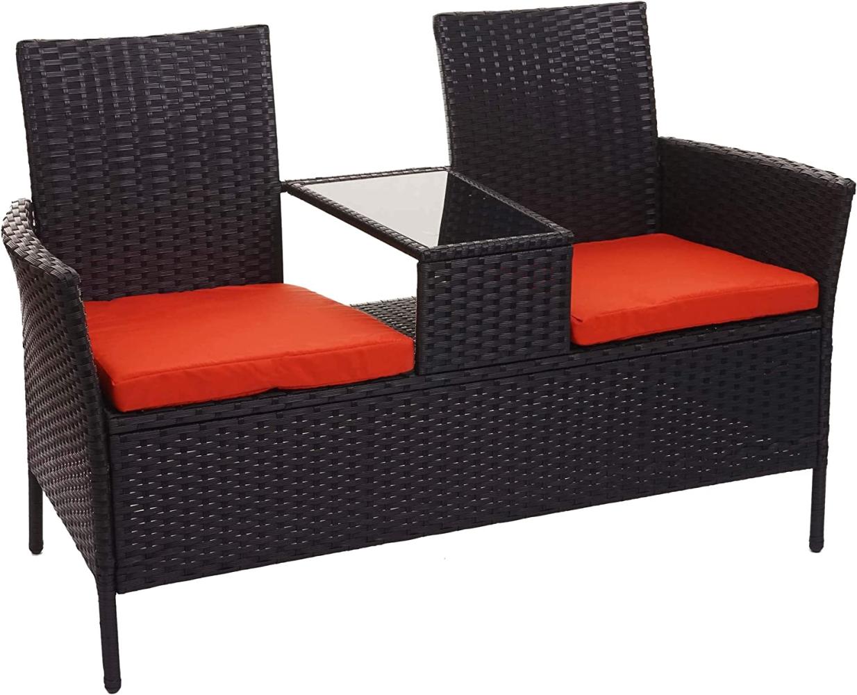 Poly-Rattan Sitzbank mit Tisch HWC-E24, Gartenbank Sitzgruppe Gartensofa, 132cm ~ schwarz, Kissen terracotta Bild 1