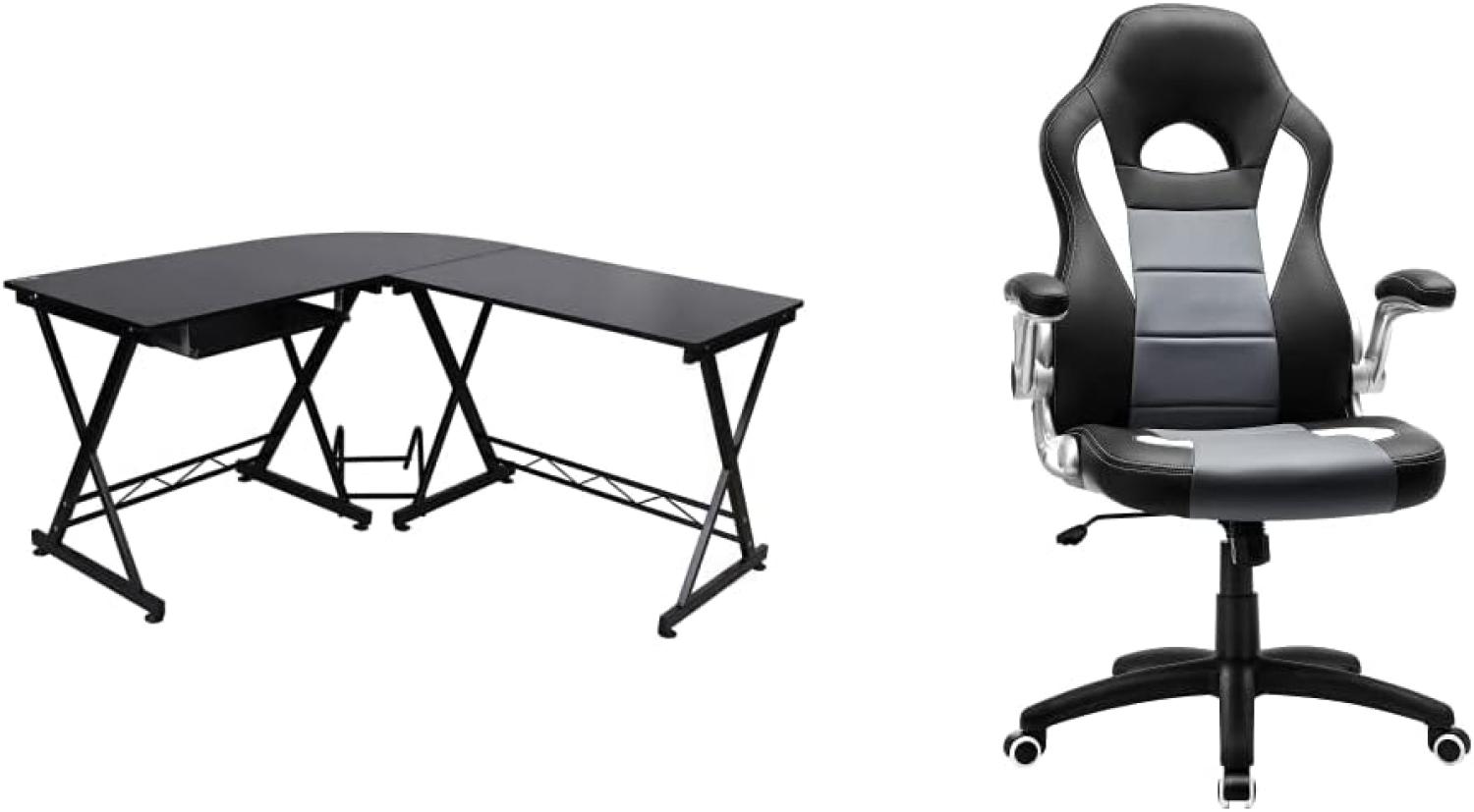 SONGMICS Computertisch, Schreibtisch, für das Home Office, 150 x 138 x 75 cm, schwarz LCD402B & Gamingstuhl, Racing Chair, Schreibtischstuhl mit hoher Rückenlehne, schwarz-grau-weiß OBG28G Bild 1