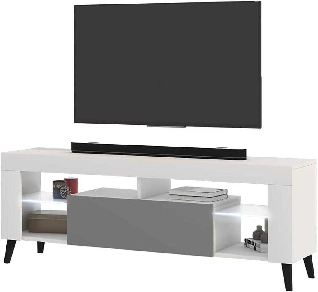 Selsey HugoB – TV-Lowboard, modernes TV-Sideboard mit Füßen und Glaseinlegeböden, 140 cm (Weiß Matt / Grau Glanz, mit LED) Bild 1