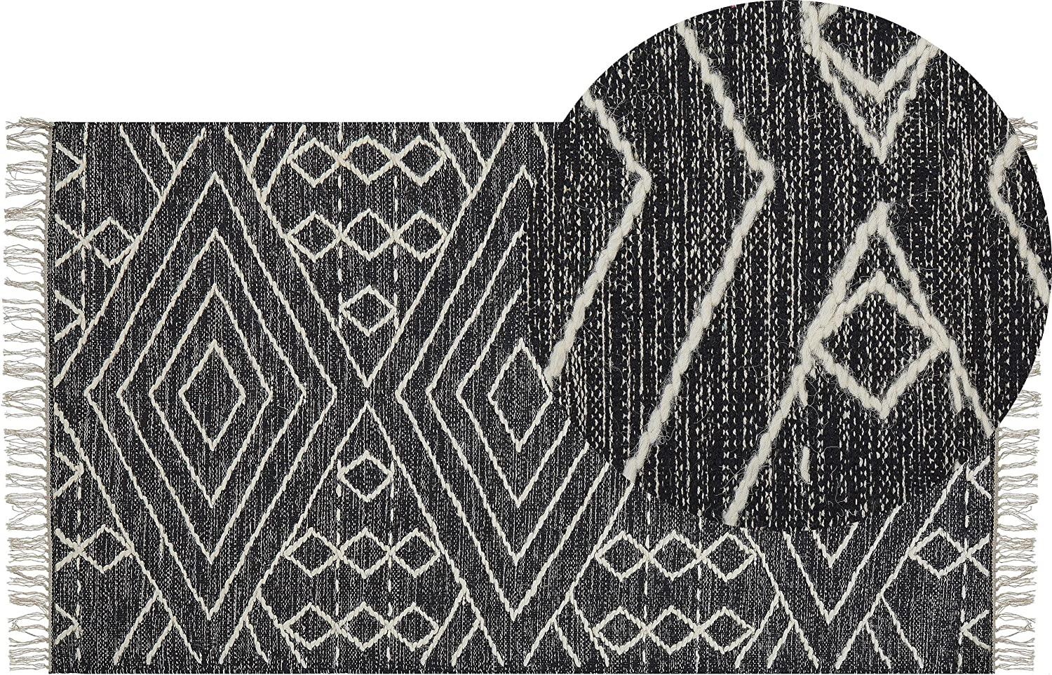 Teppich Baumwolle schwarz weiß 80 x 150 cm geometrisches Muster Kurzflor KHENIFRA Bild 1
