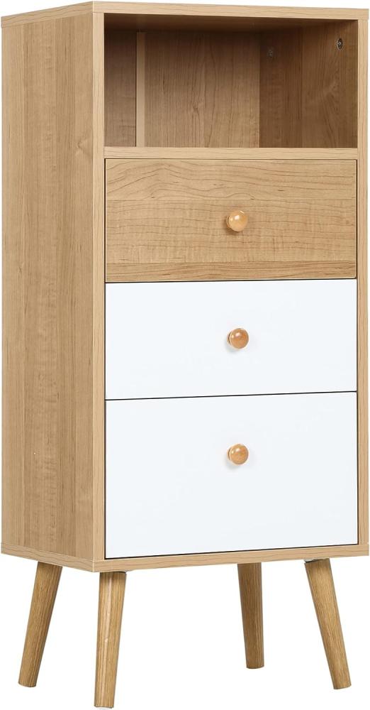 HOMCOM Küchenschrank Kommode mit 1 offenen Fächern 3 Schubladen für Wohnzimmer Skandi-Design Natur+Weiß 40 x 29 x 90 cm Bild 1