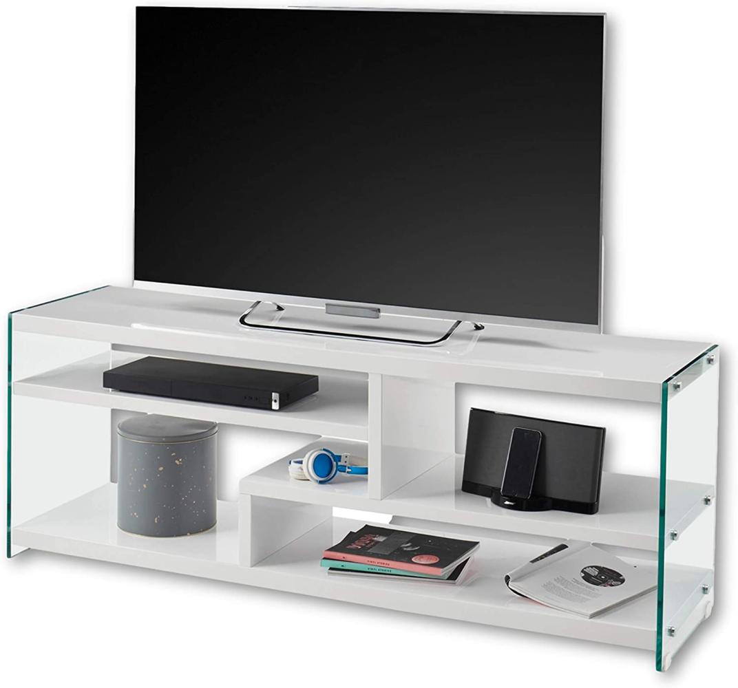 Stella Trading Click TV-Lowboard Weiß Hochglanz mit seitlichen Glaswangen - modernes TV-Board ohne Rückwand für Ihr Wohnzimmer - 150 x 56 x 40 cm (B/H/T) Bild 1