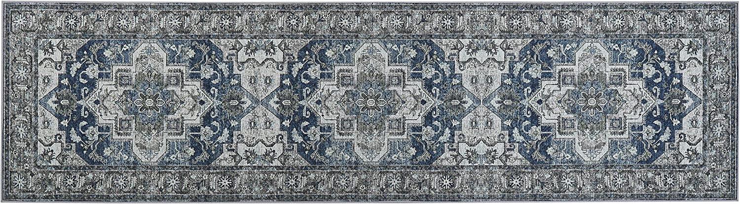 Teppich grau blau 80 x 300 cm orientalisches Muster Kurzflor KOTTAR Bild 1