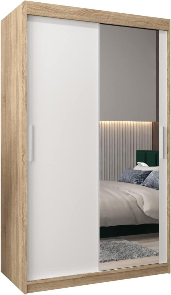 Schwebetürenschrank Tokyo 2-120 cm mit Spiegel Kleiderschrank mit Kleiderstange und Einlegeboden Schlafzimmer- Wohnzimmerschrank Schiebetüren Modern Design (Sonoma + Weiß) Bild 1