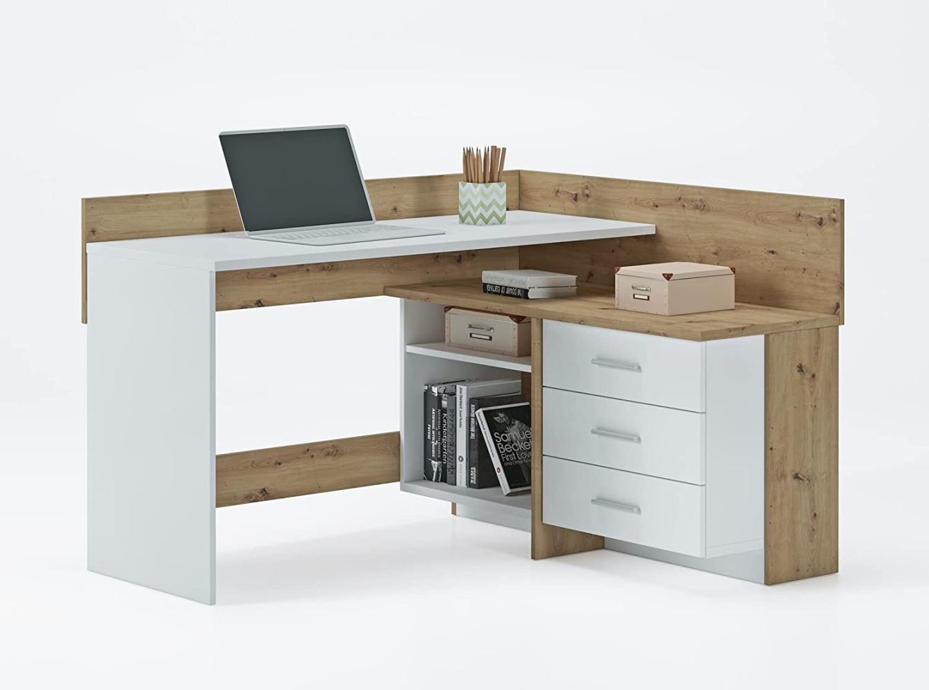 Domando Schreibtisch Maiori Modern für Büro Breite 130cm, zwei Arbeitsflächen in Kontrastfarben in Artisan Eiche und Weiß Matt Bild 1